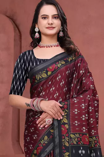 Maroon printed art silk designer pallu saree