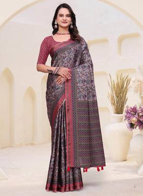 Grey printed art silk designer pallu saree 1