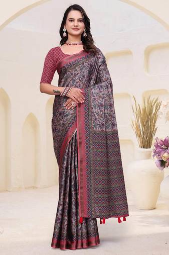 Grey printed art silk designer pallu saree