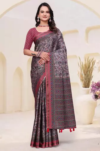 Grey printed art silk designer pallu saree