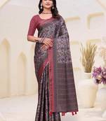 Grey printed art silk designer pallu saree