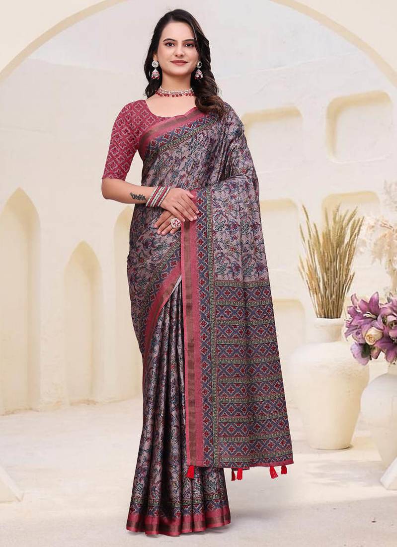 Grey printed art silk designer pallu saree