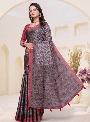 Grey printed art silk designer pallu saree 2