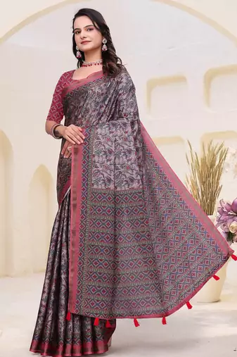 Grey printed art silk designer pallu saree