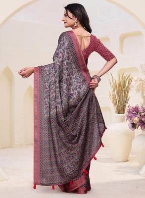 Grey printed art silk designer pallu saree 3