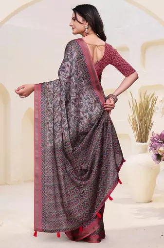 Grey printed art silk designer pallu saree