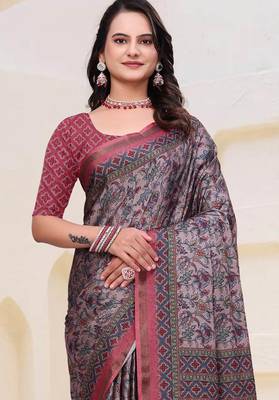 Grey printed art silk designer pallu saree 4