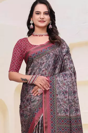 Grey printed art silk designer pallu saree