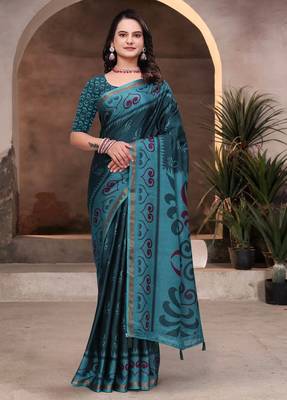 Green printed art silk designer pallu saree 1