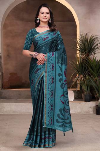 Green printed art silk designer pallu saree