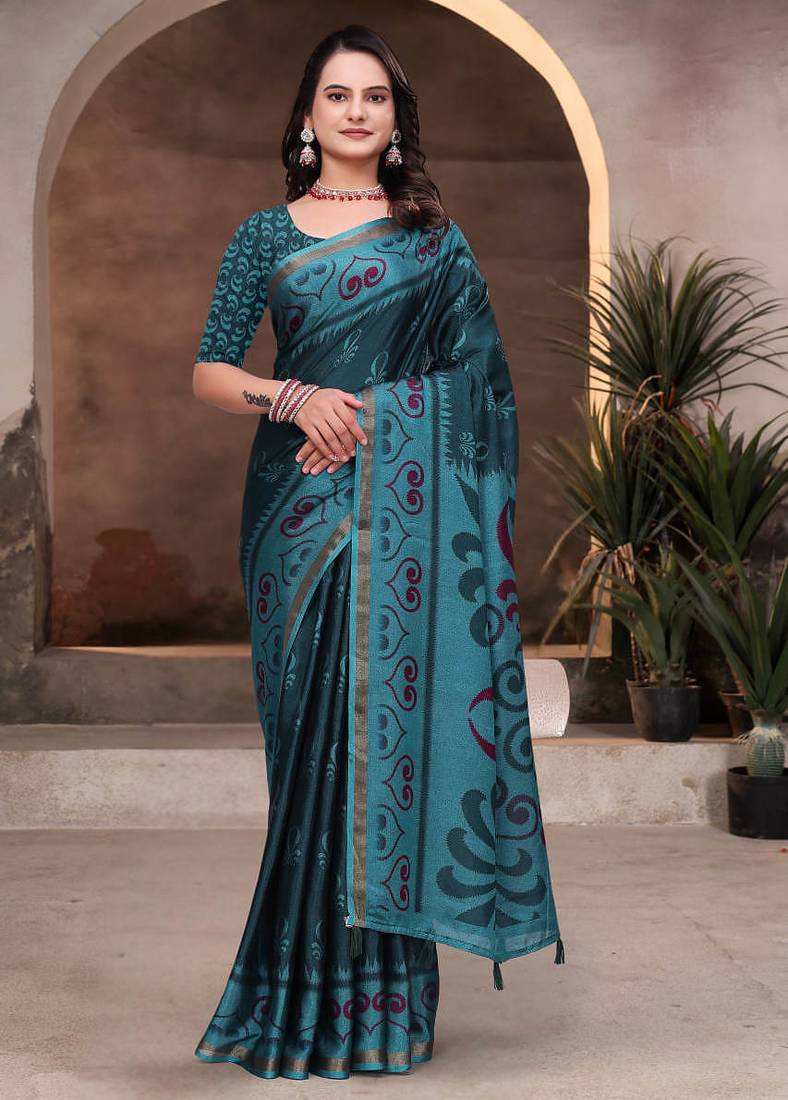 Green printed art silk designer pallu saree