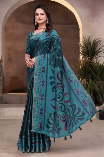 Green printed art silk designer pallu saree