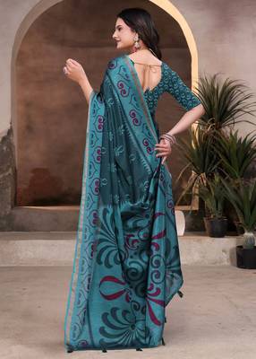 Green printed art silk designer pallu saree 3