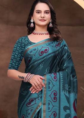 Green printed art silk designer pallu saree 4