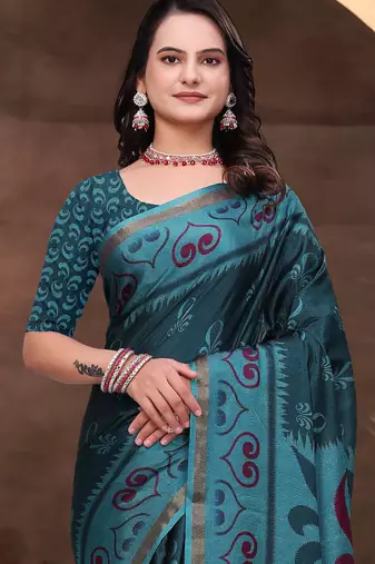 Green printed art silk designer pallu saree
