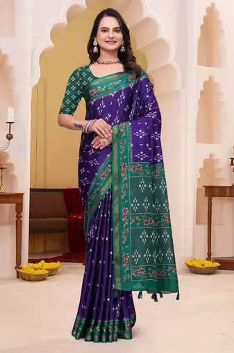 Purple printed art silk designer pallu saree