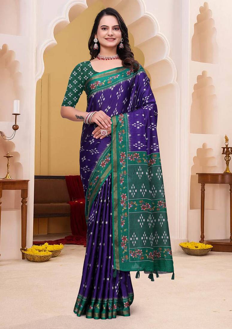 Purple printed art silk designer pallu saree