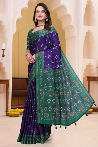 Purple printed art silk designer pallu saree