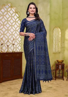 Navy blue printed art silk designer pallu saree 1