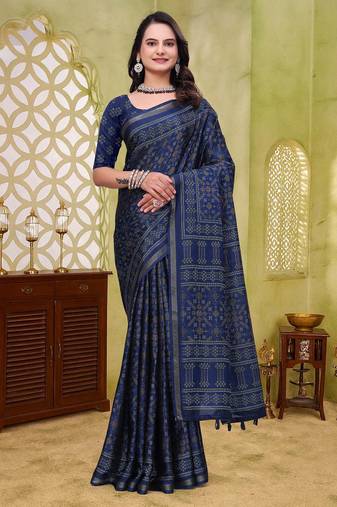 Navy blue printed art silk designer pallu saree