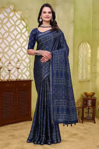 Navy blue printed art silk designer pallu saree
