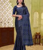 Navy blue printed art silk designer pallu saree