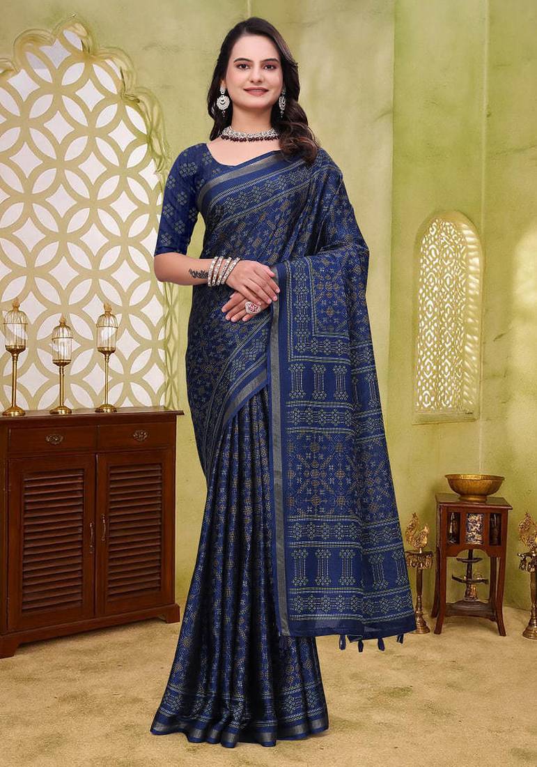 Navy blue printed art silk designer pallu saree