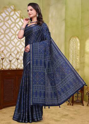Navy blue printed art silk designer pallu saree 2