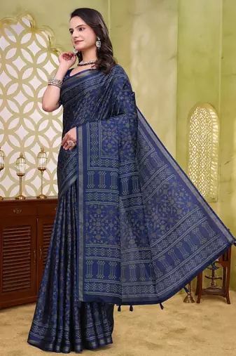 Navy blue printed art silk designer pallu saree