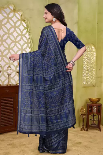 Navy blue printed art silk designer pallu saree