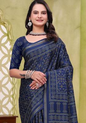 Navy blue printed art silk designer pallu saree 4