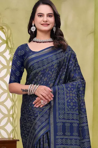 Navy blue printed art silk designer pallu saree
