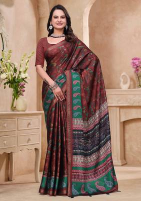 Maroon printed art silk designer pallu saree 1