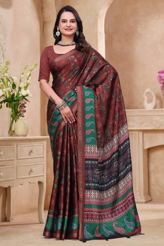Maroon printed art silk designer pallu saree