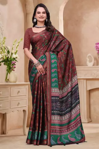 Maroon printed art silk designer pallu saree