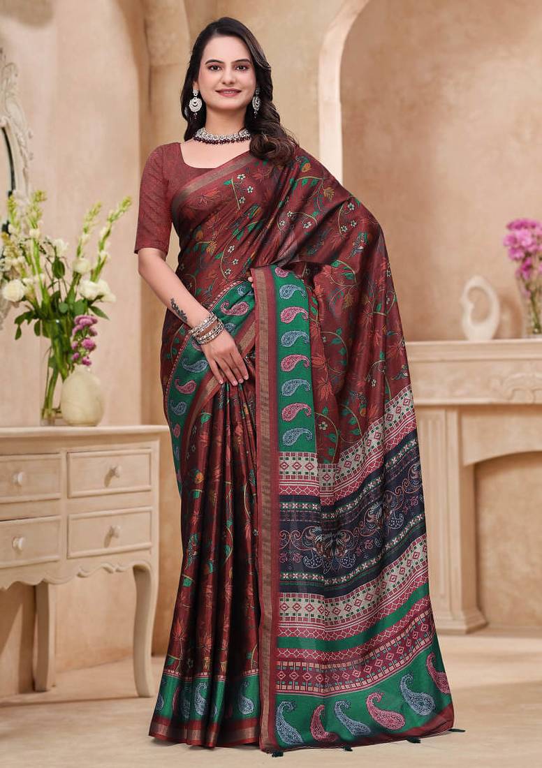 Maroon printed art silk designer pallu saree