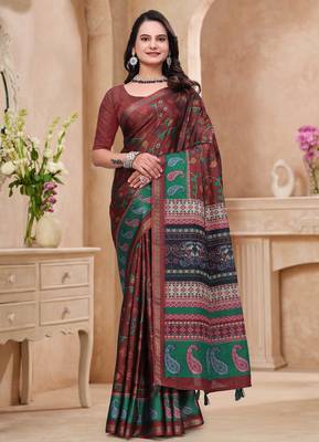 Maroon printed art silk designer pallu saree 2
