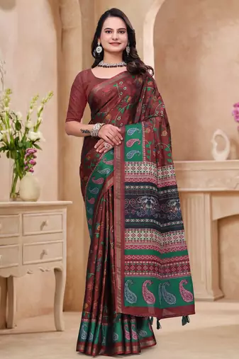 Maroon printed art silk designer pallu saree