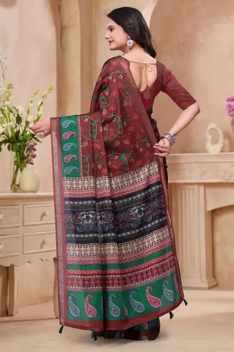 Maroon printed art silk designer pallu saree