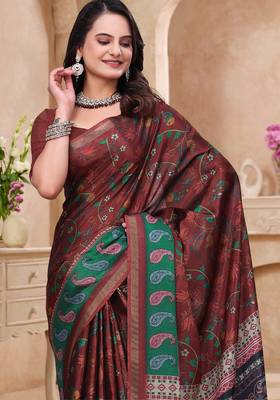 Maroon printed art silk designer pallu saree 4