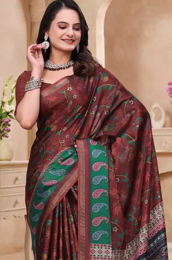 Maroon printed art silk designer pallu saree