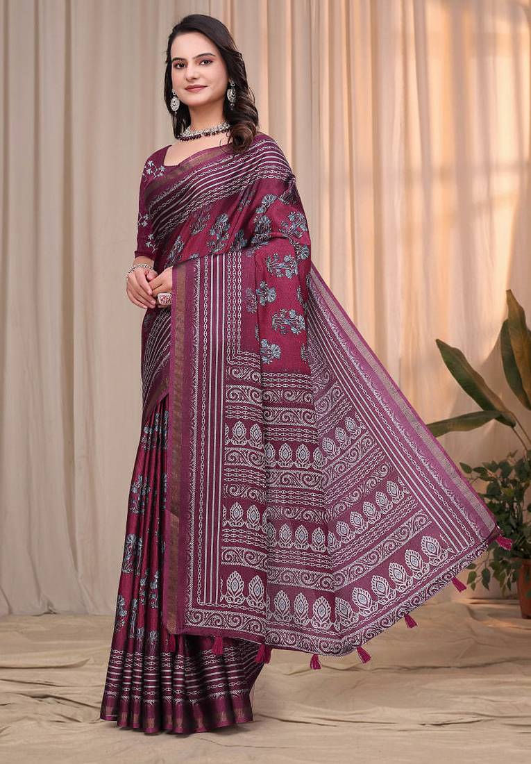 Red printed art silk designer pallu saree