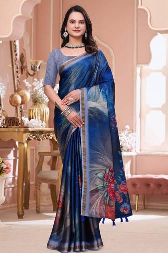 Blue printed art silk designer pallu saree