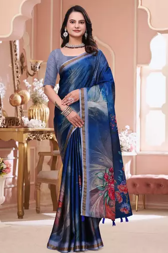 Blue printed art silk designer pallu saree