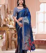 Blue printed art silk designer pallu saree