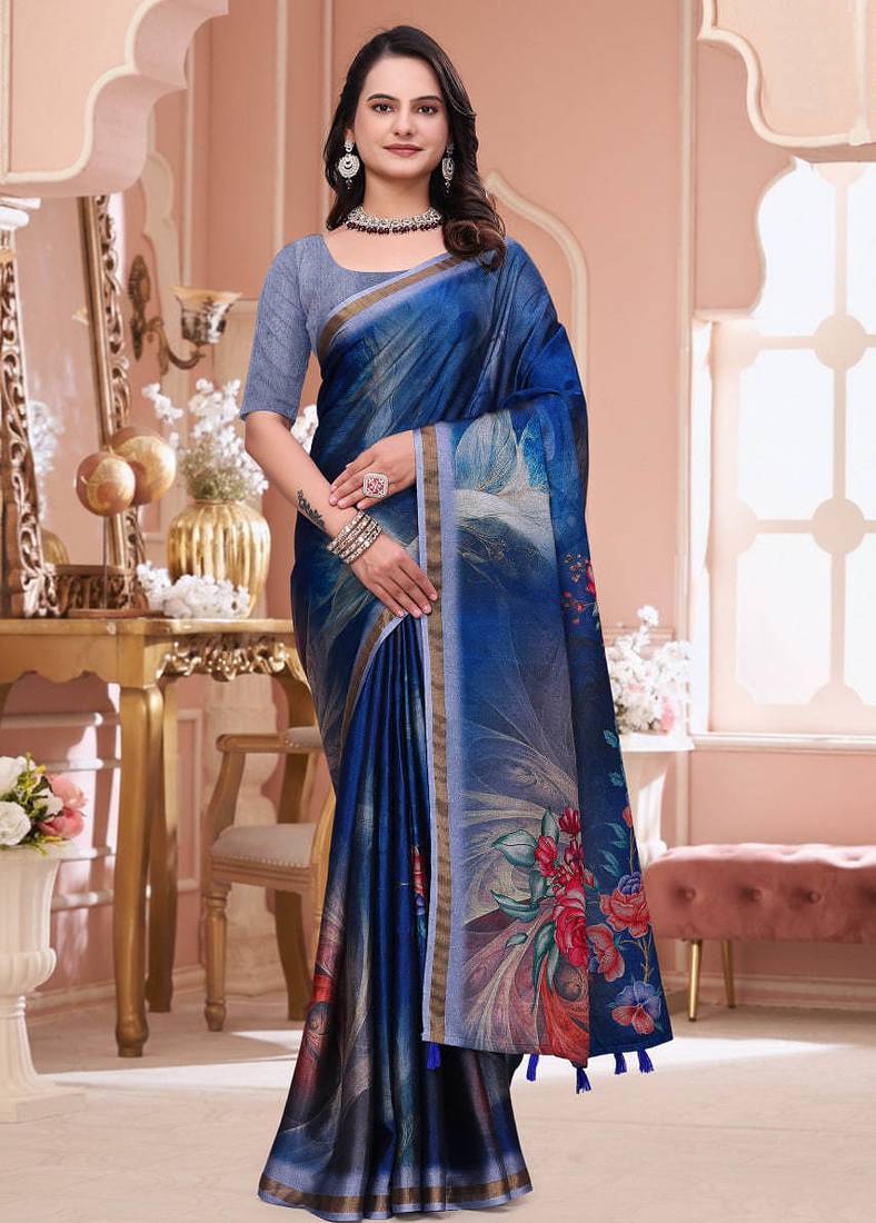 Blue printed art silk designer pallu saree