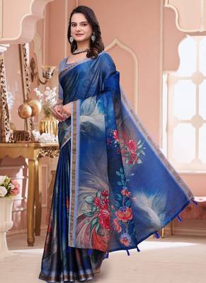Blue printed art silk designer pallu saree 2