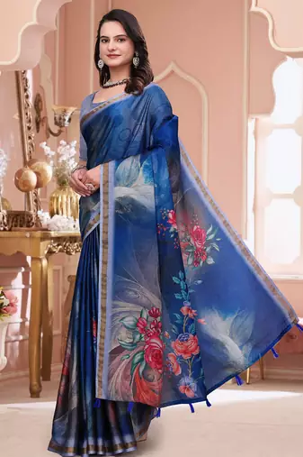 Blue printed art silk designer pallu saree