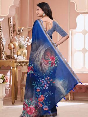 Blue printed art silk designer pallu saree 3