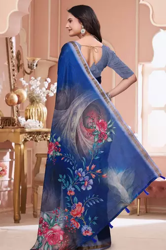 Blue printed art silk designer pallu saree